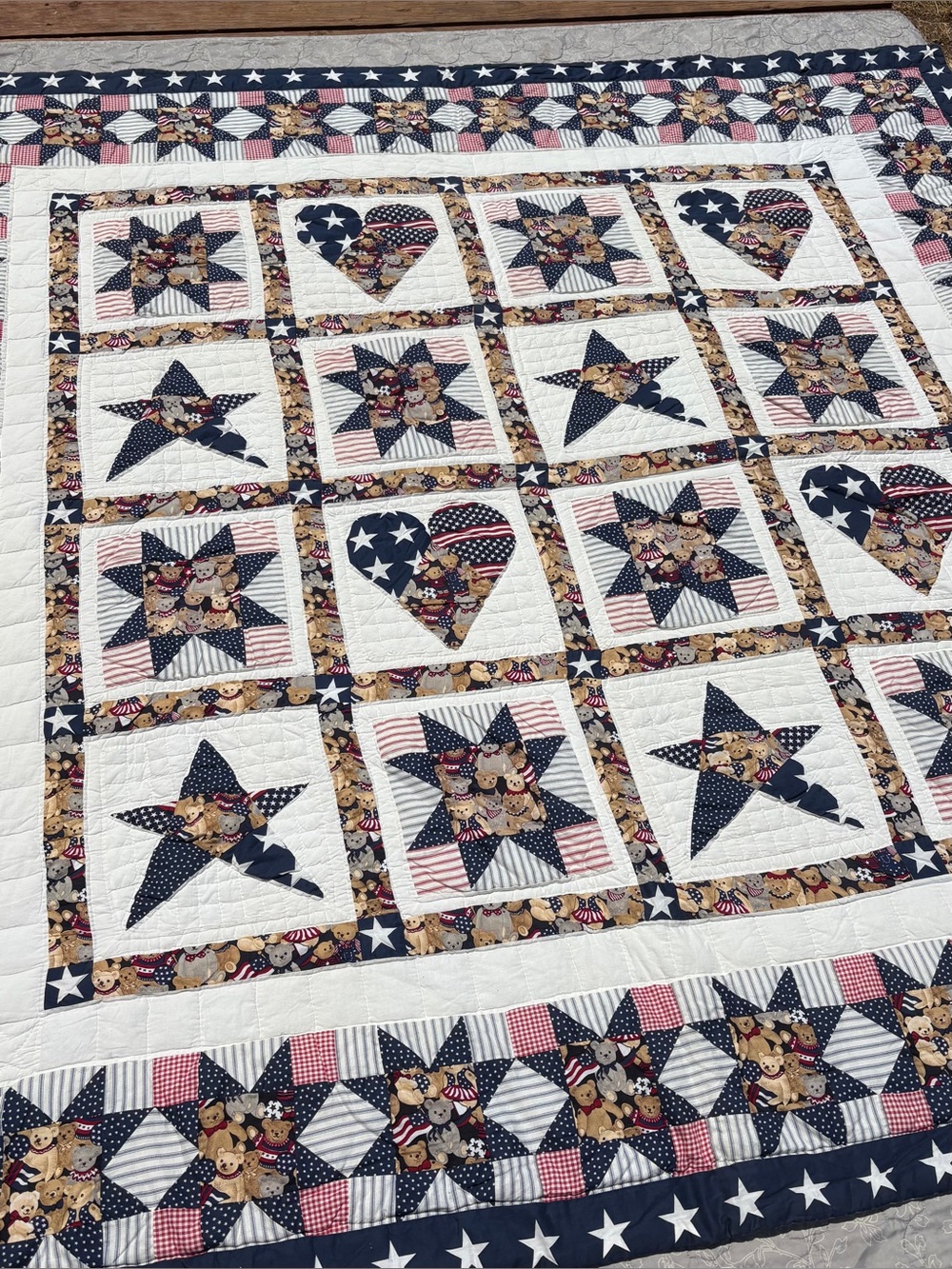 4th of July American Flag Quilt Handmade(?) Star Hearts Teddy Bears 83x81in Kids